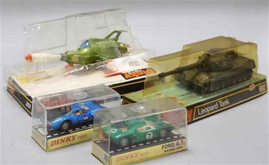 Dinky Toys models - UFO interceptor 351, Leopard Tank 692, Dino Ferrari 216, Ford GT 215, all boxed (4)